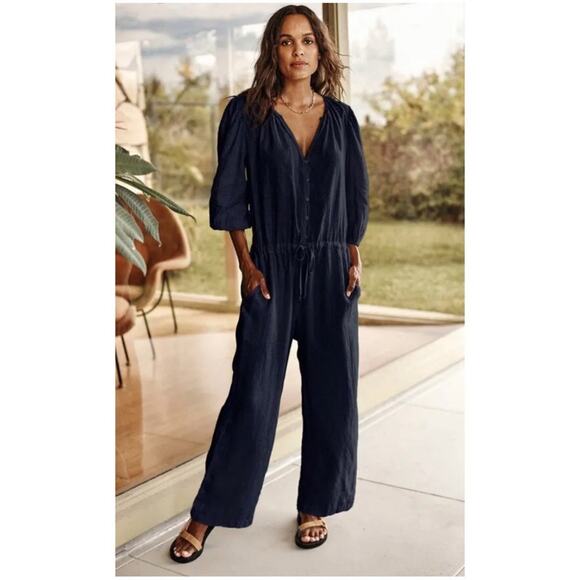 Velvet Graham & Spencer Women’s S Black Linen Jumpsuit Short Sleeve Button Front - Picture 1 of 15
